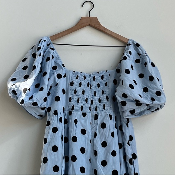 New English Factory Dotted BabyDoll Mini Dress Blie Puff Sleeve Large prairie - Picture 13 of 14